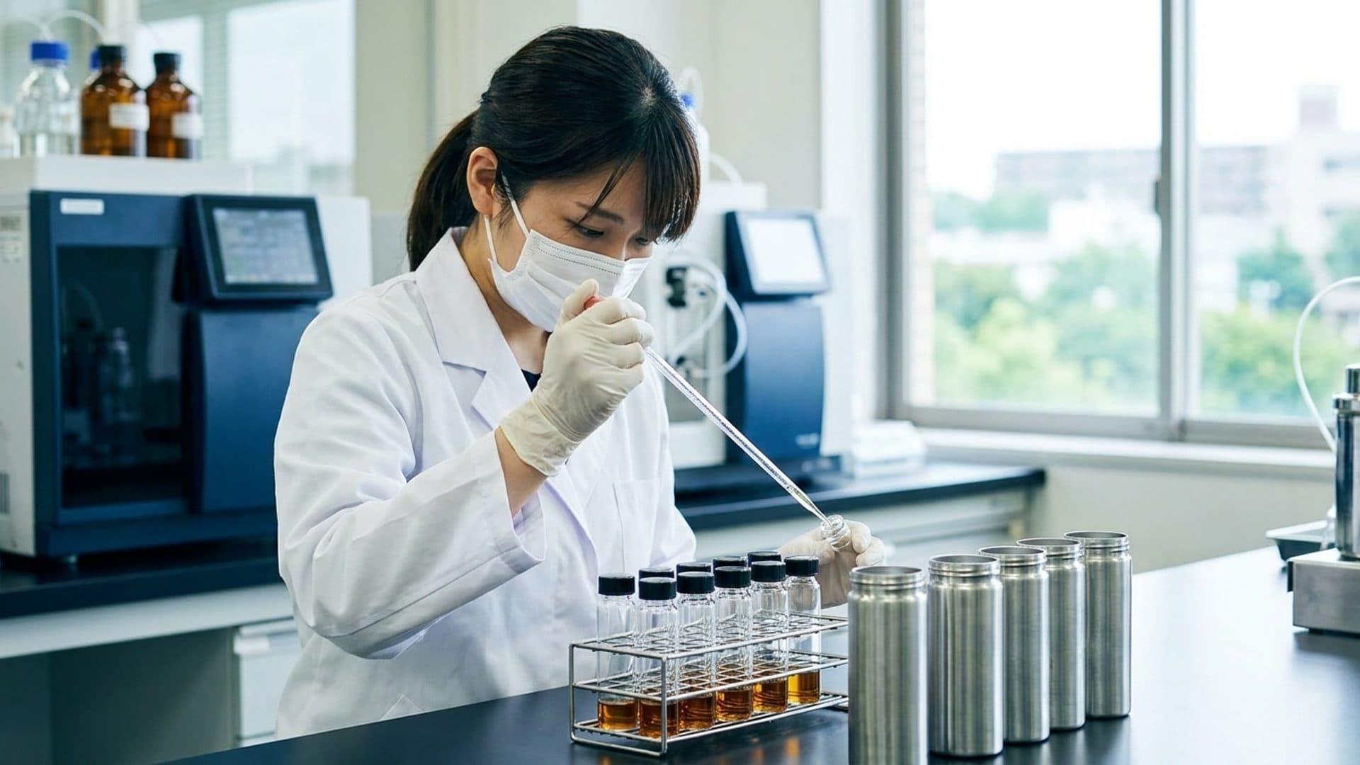 Technician analysing samples beside sealed containers in a laboratory