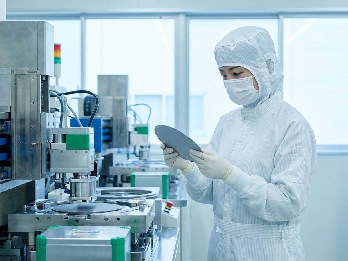 Engineer inspecting components in an advanced manufacturing cleanroom