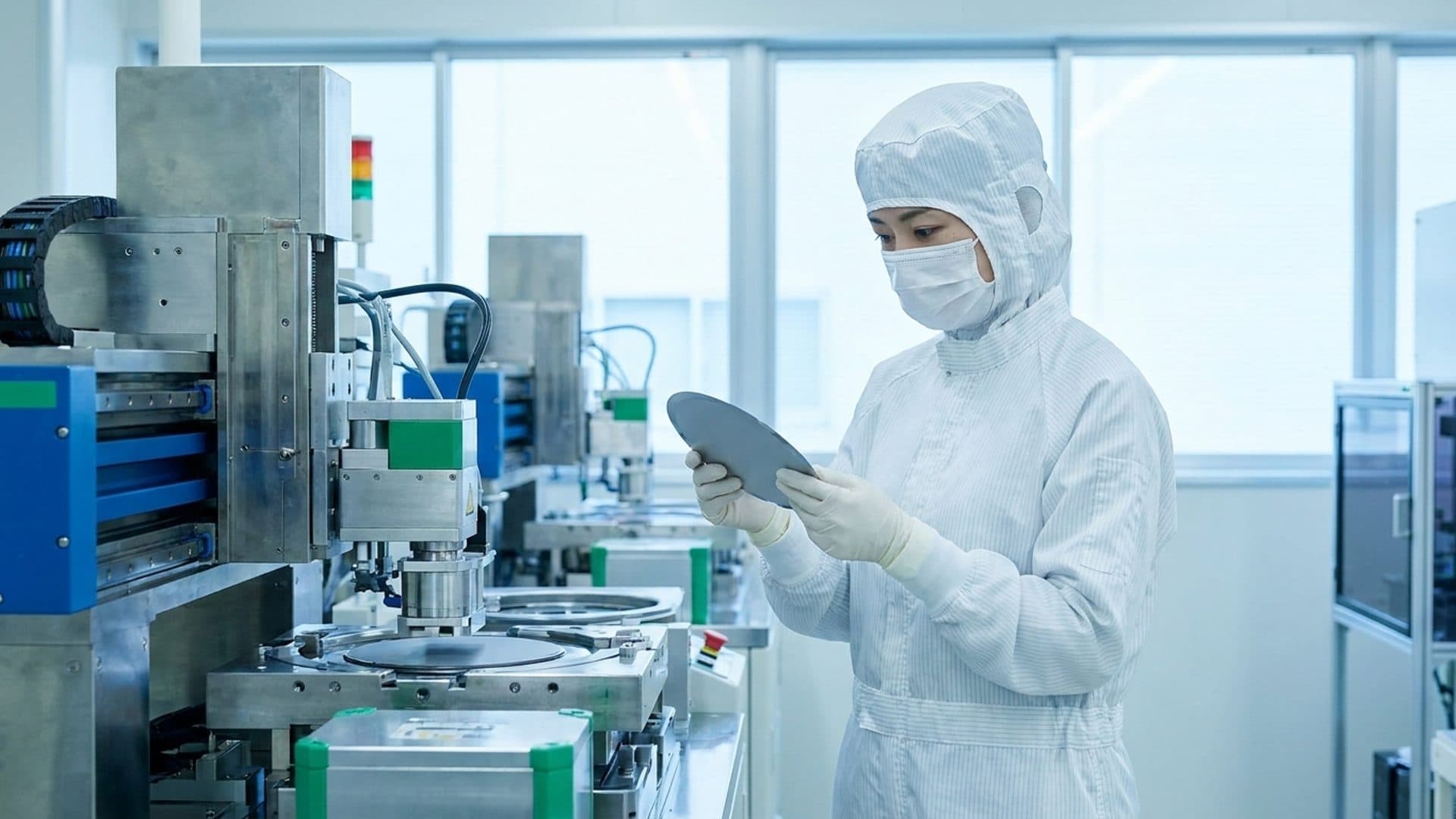Engineer inspecting components in an advanced manufacturing cleanroom