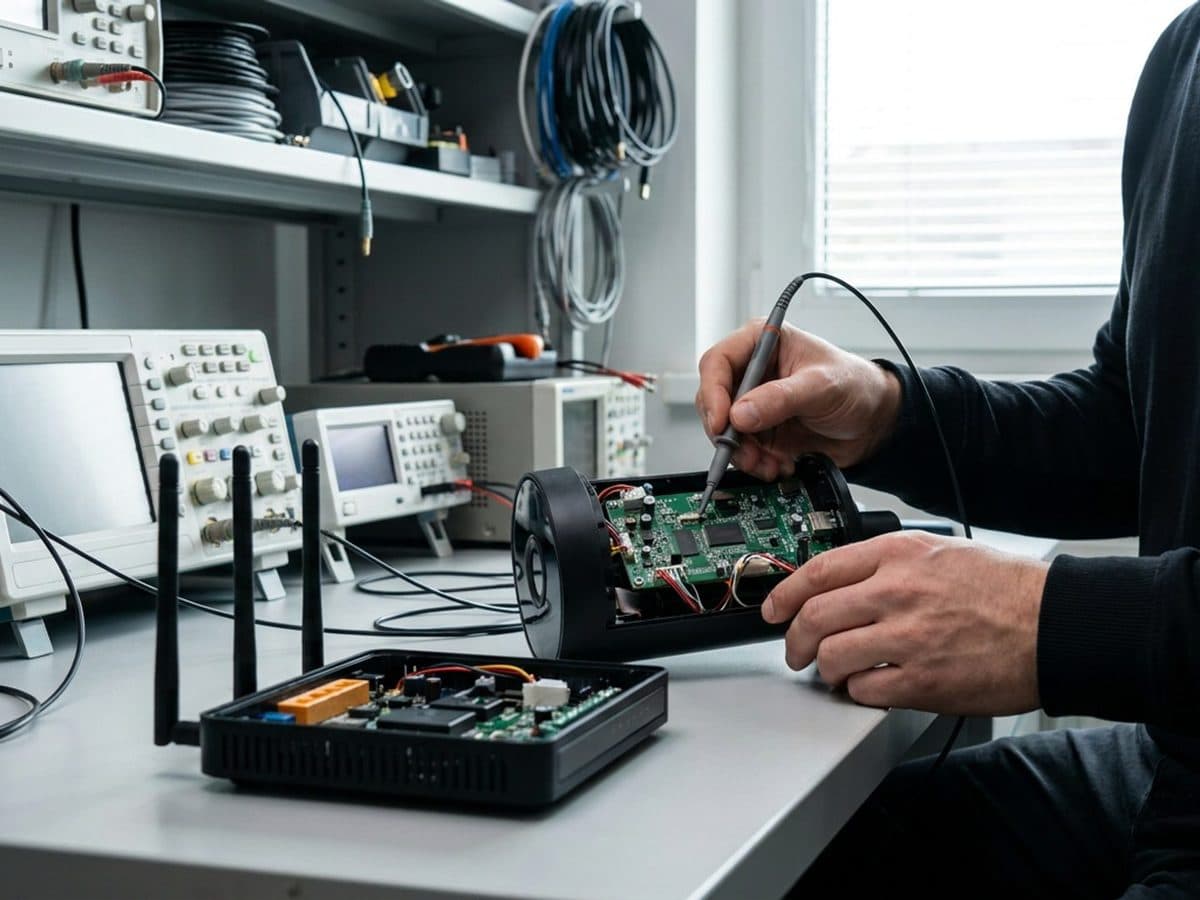 Technician examining unbranded connected devices on a security laboratory bench