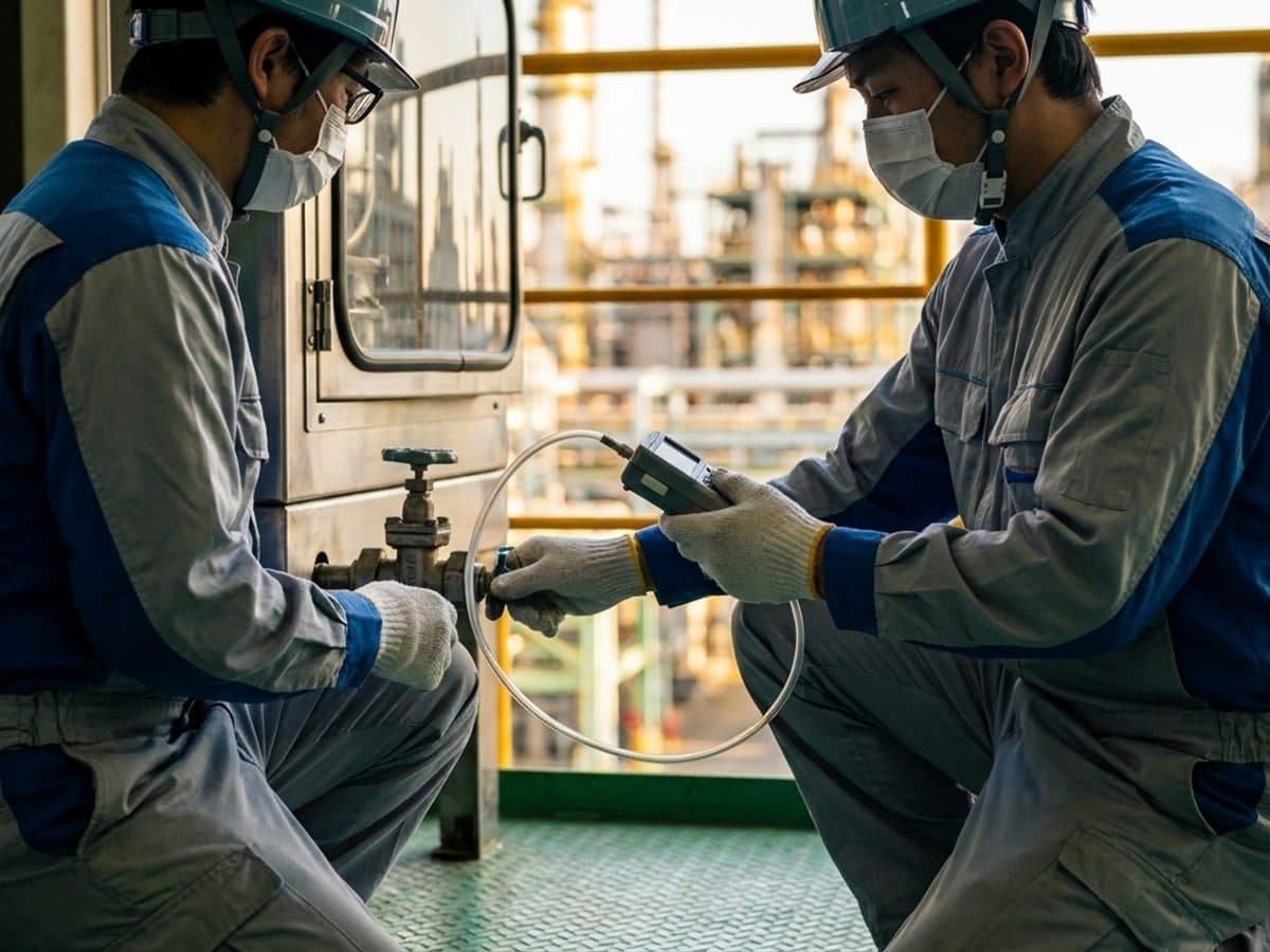 Industrial hygienist taking an air sample beside chemical process equipment