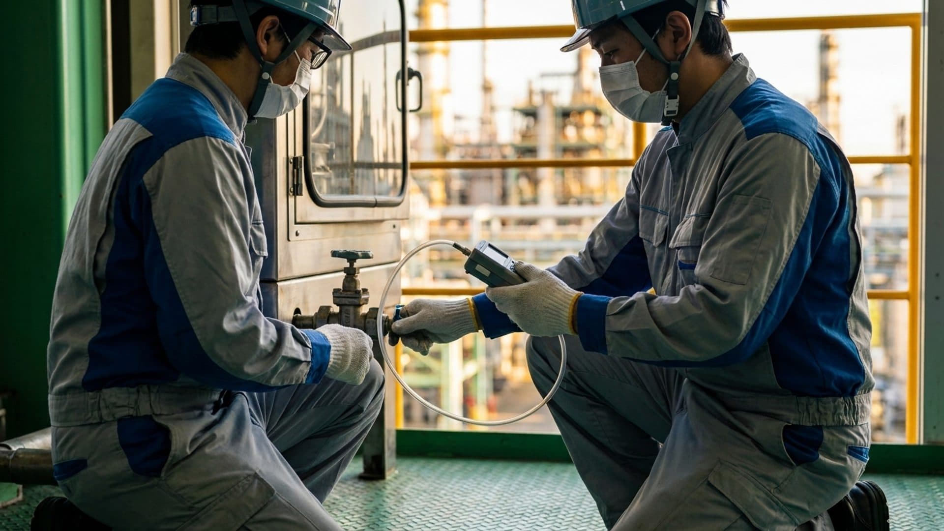 Industrial hygienist taking an air sample beside chemical process equipment