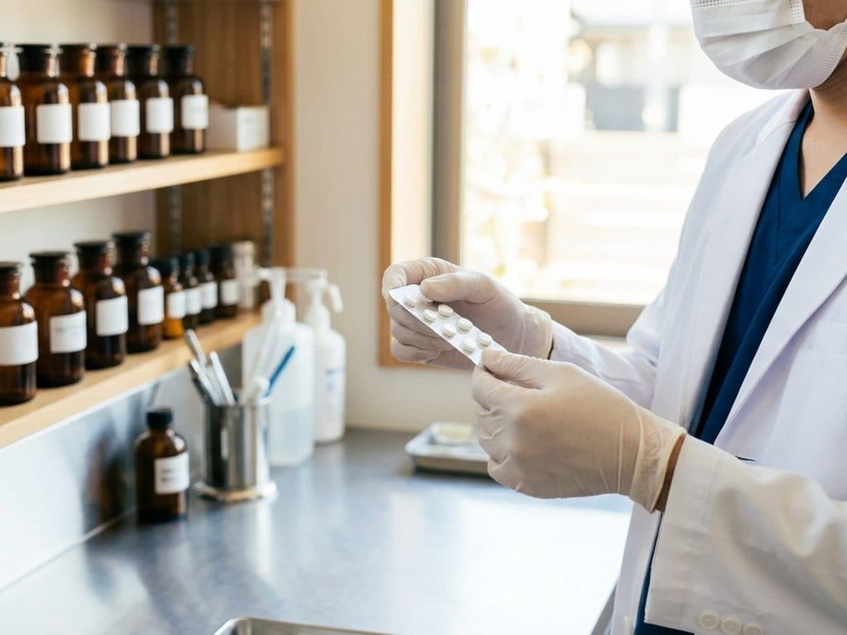 Pharmacist inspecting a medicine blister pack in a Japanese pharmacy laboratory