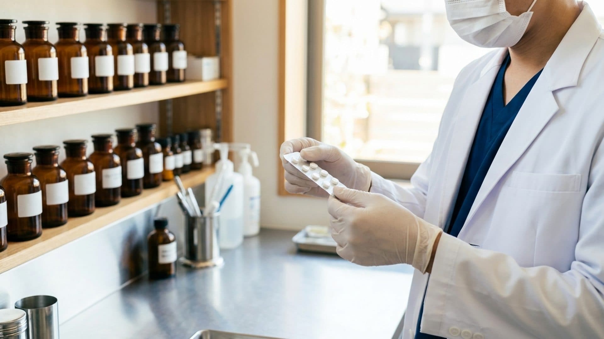 Pharmacist inspecting a medicine blister pack in a Japanese pharmacy laboratory