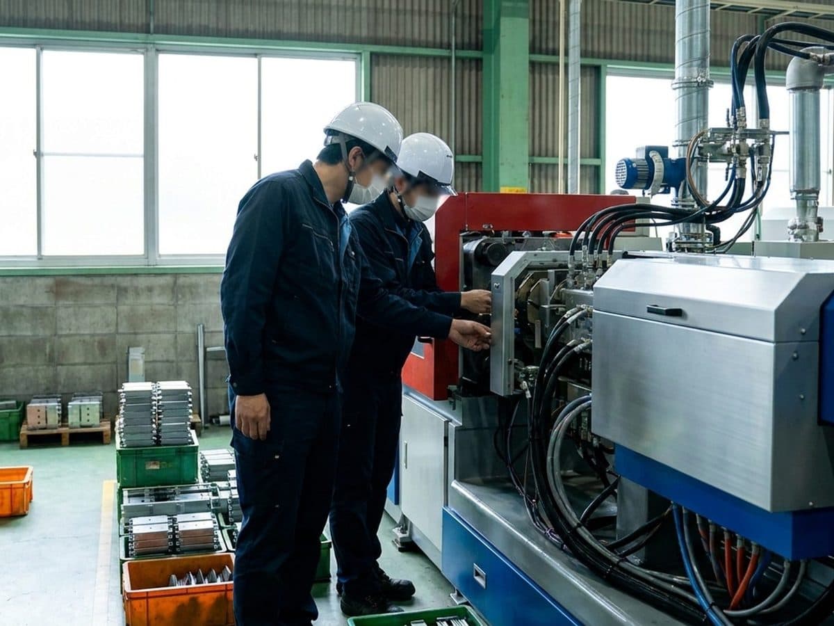 Engineers inspecting energy-efficient equipment at a supplier factory