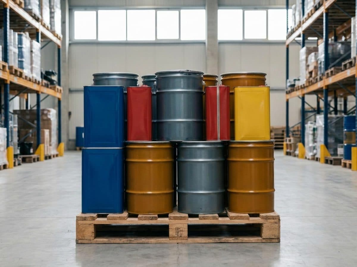 Closed industrial chemical containers on a warehouse pallet