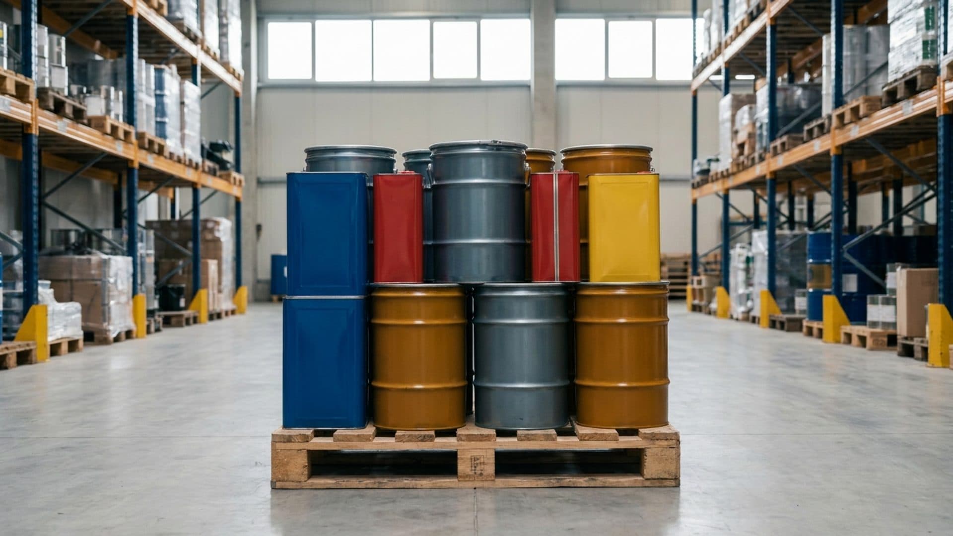 Closed industrial chemical containers on a warehouse pallet