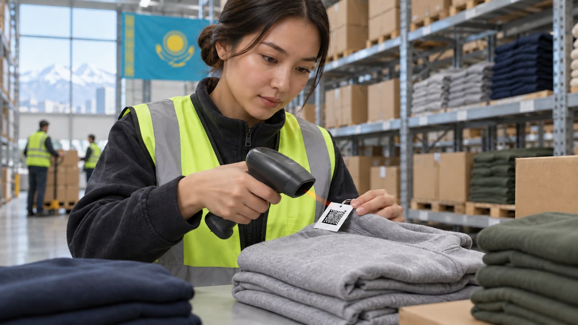 Handheld scanner beside tagged garments in a distribution warehouse