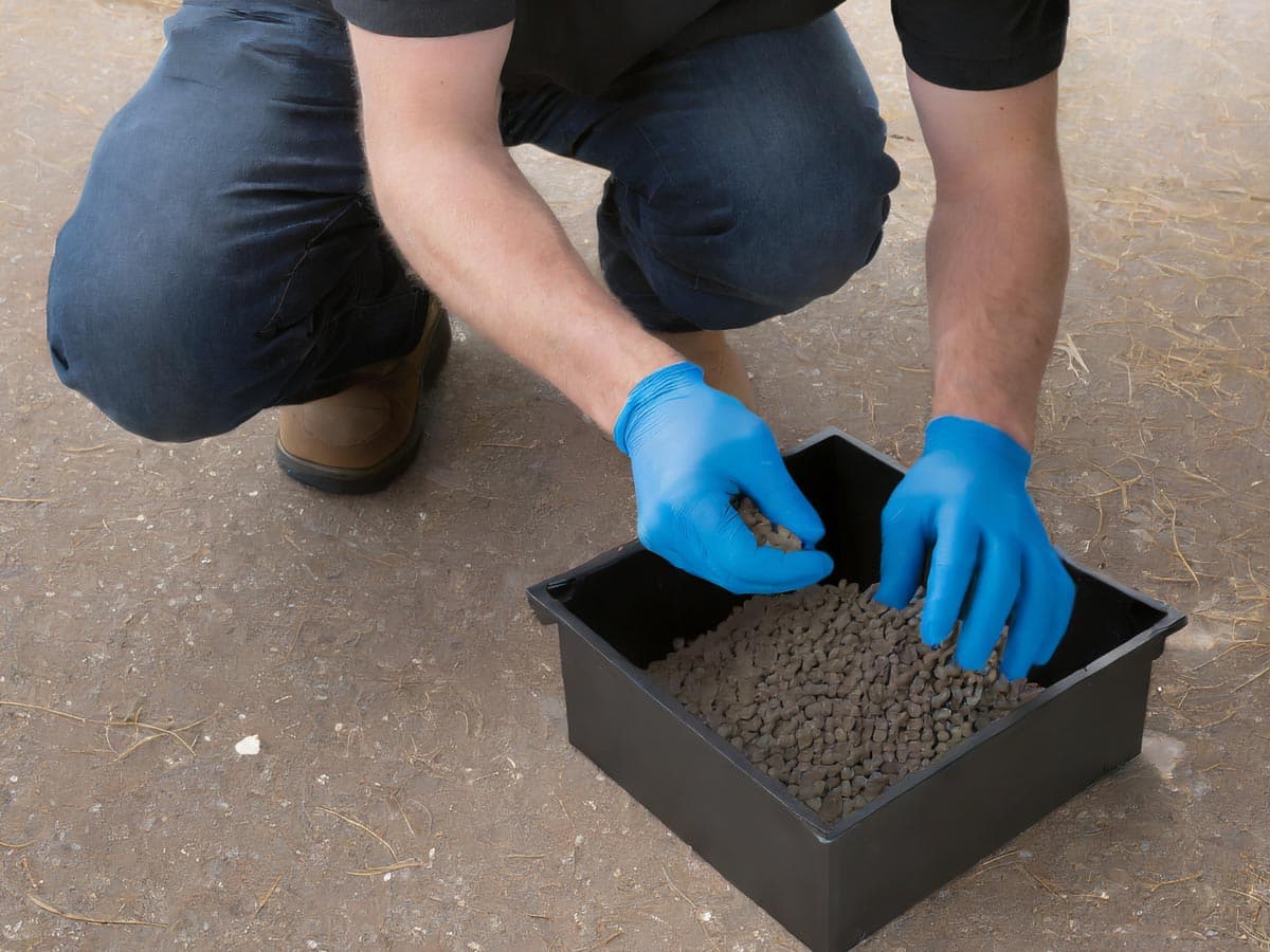 Man with blue gloves handling rat poison