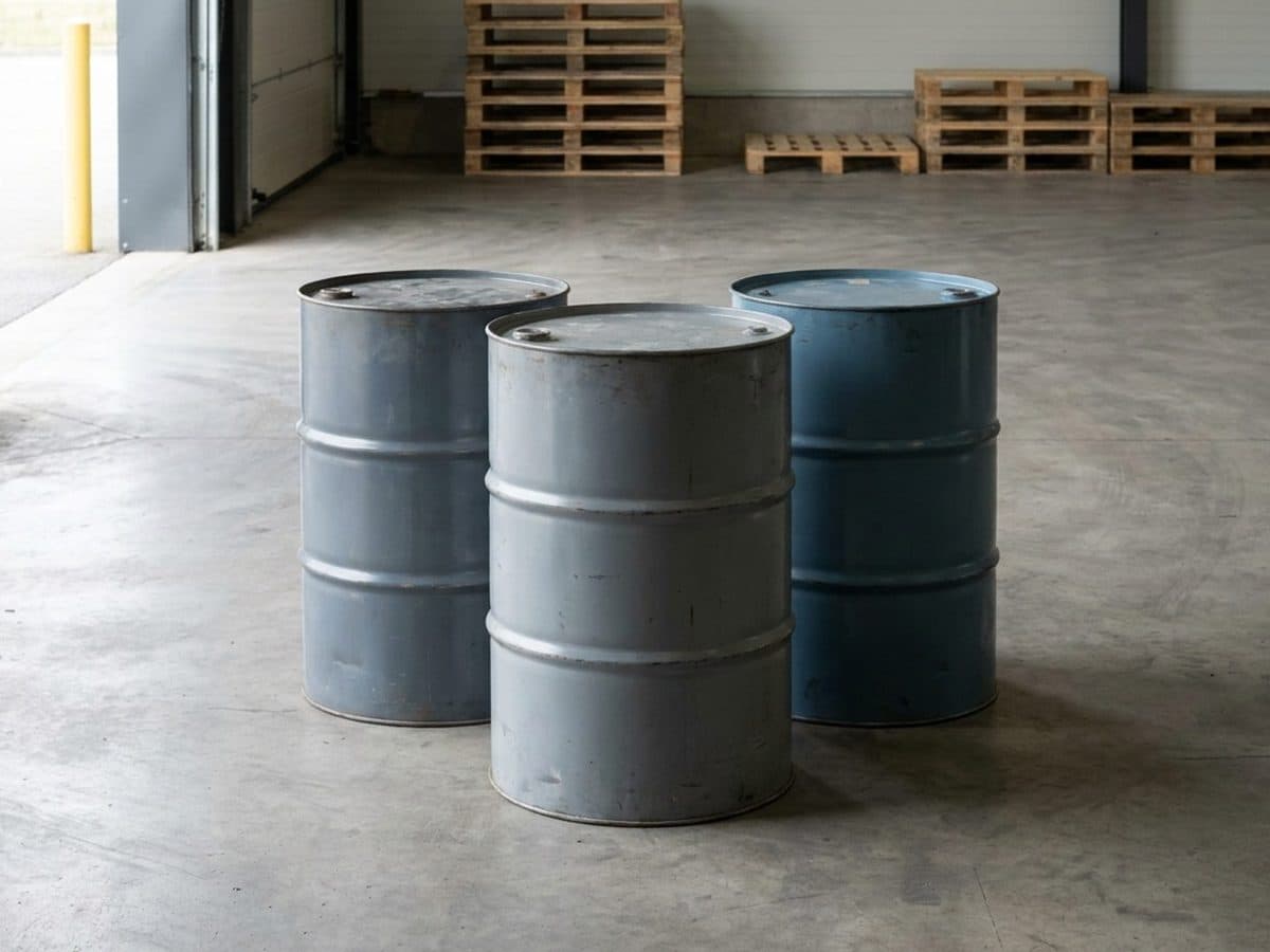 Plain steel drums in an industrial warehouse loading bay