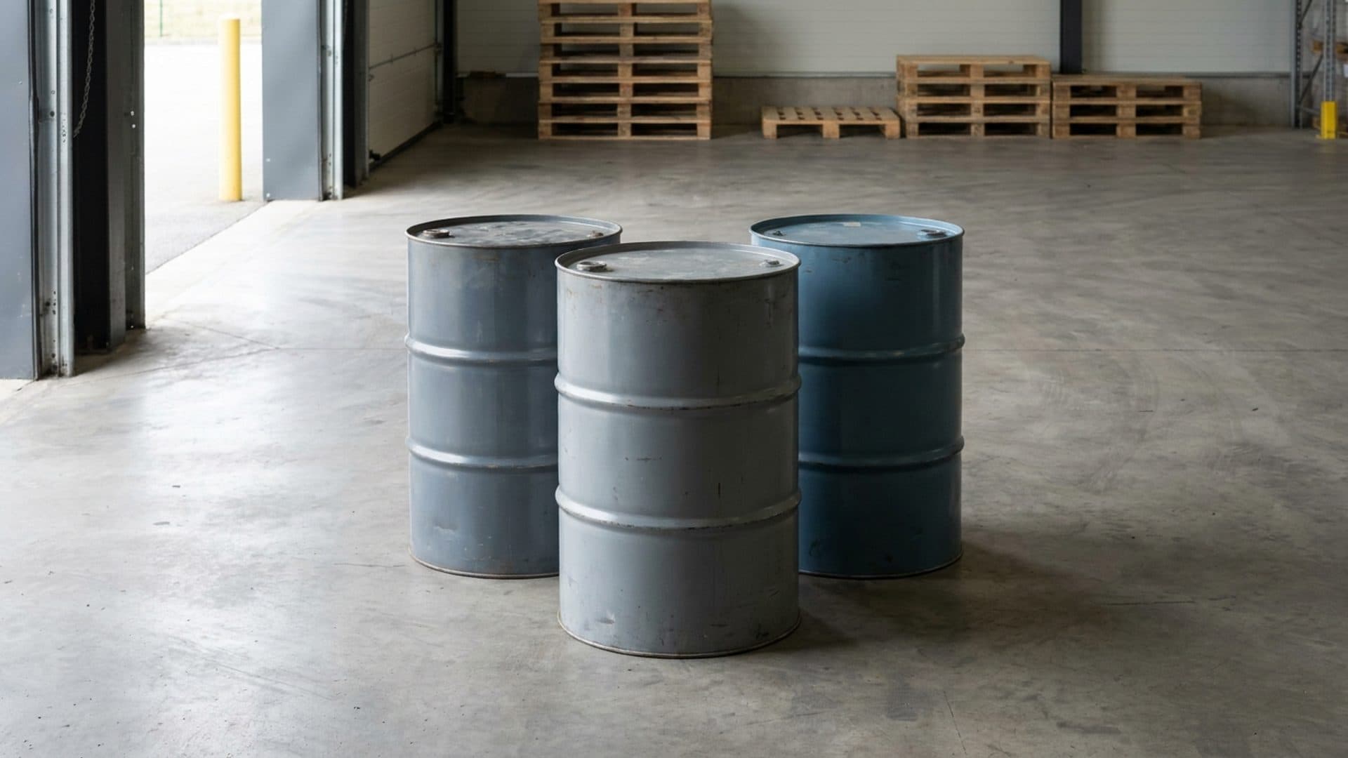 Plain steel drums in an industrial warehouse loading bay