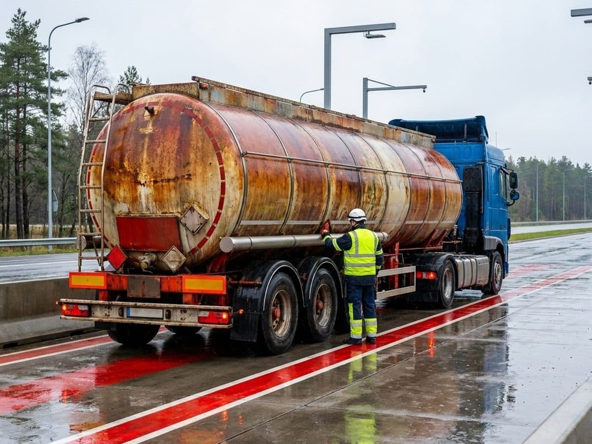 Dangerous-goods tanker undergoing a roadside safety inspection