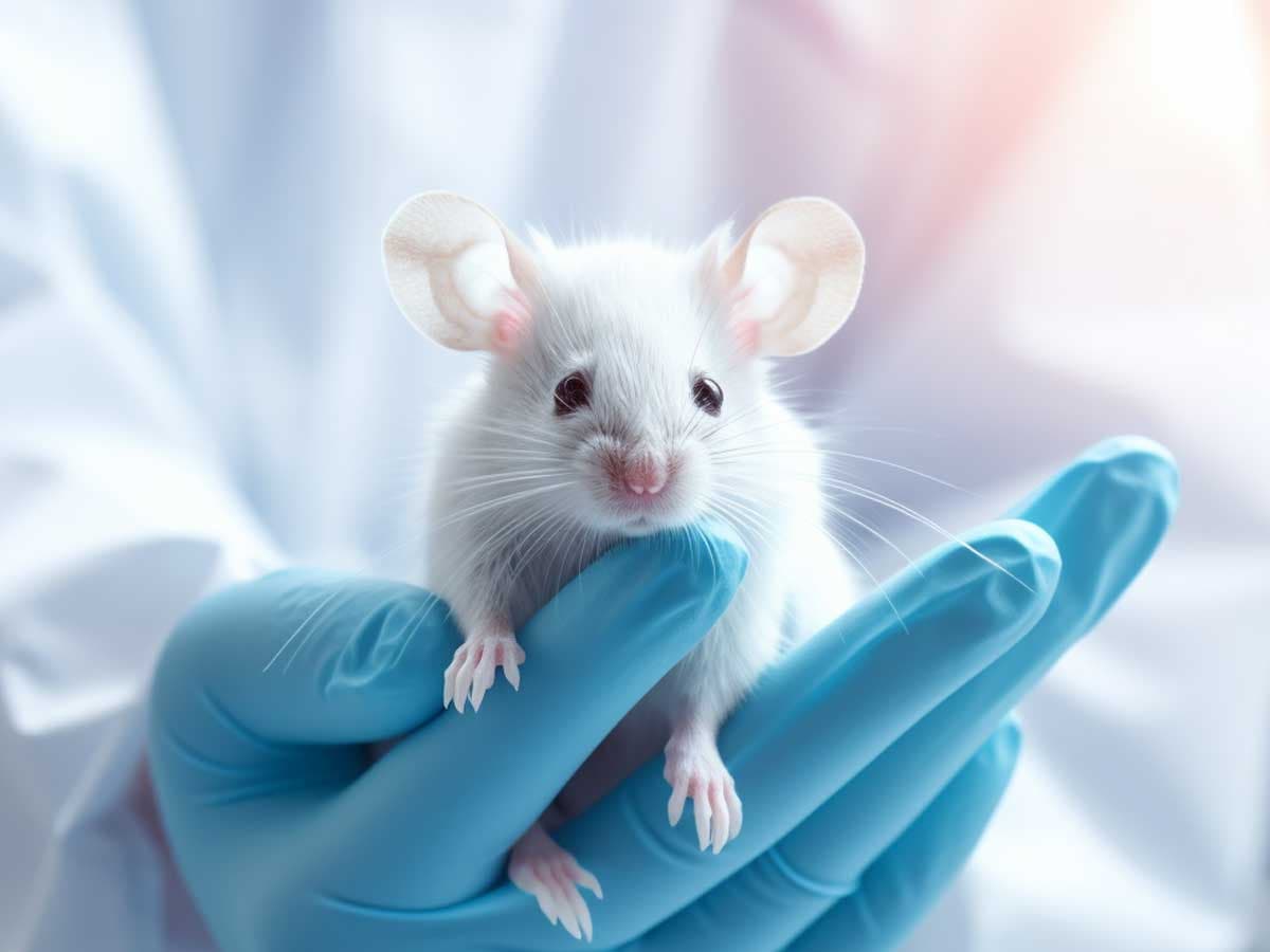Lab worker holding a mouse in their hands