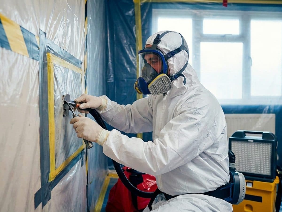 Trained worker using respiratory protection in a controlled asbestos-removal area