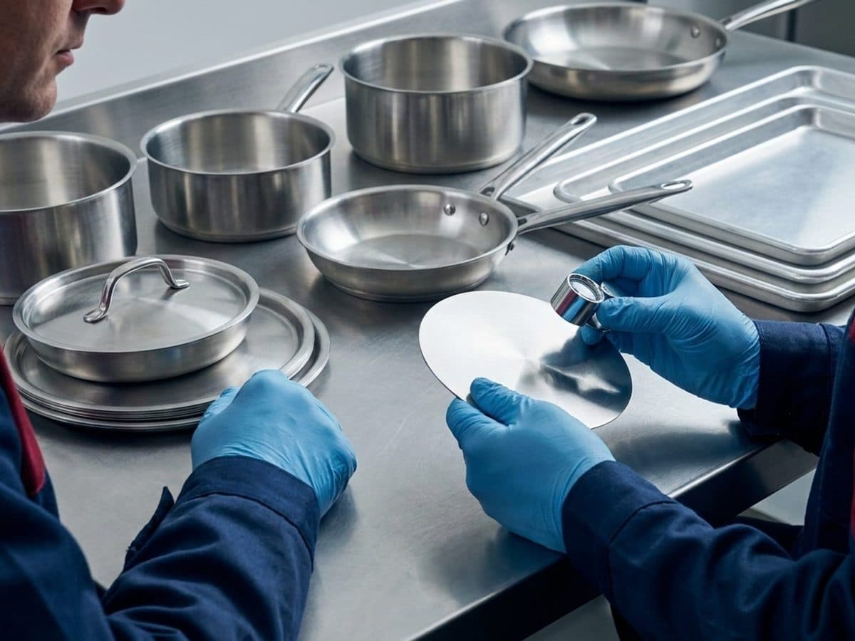 A gloved technician inspecting metal food-contact samples beside stainless-steel vessels and aluminium trays