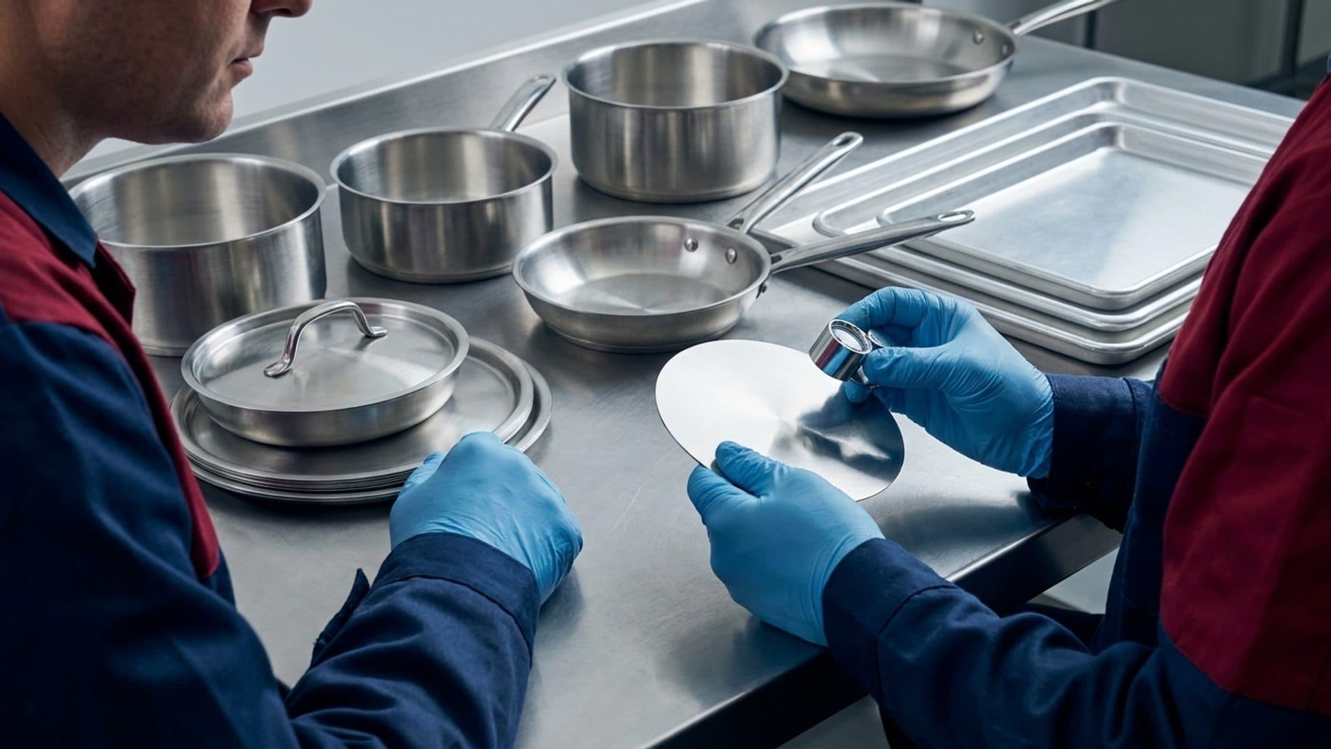 A gloved technician inspecting metal food-contact samples beside stainless-steel vessels and aluminium trays