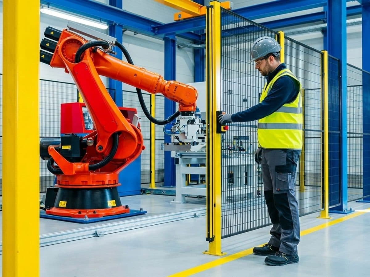 Engineer inspecting an industrial robot in an automated production cell