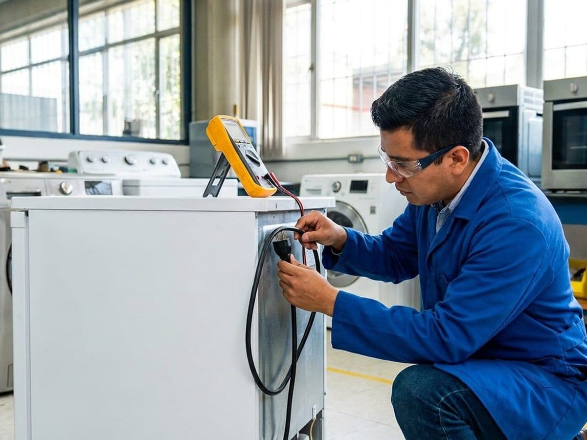 Technician testing the power connection of a refrigerator in an appliance laboratory