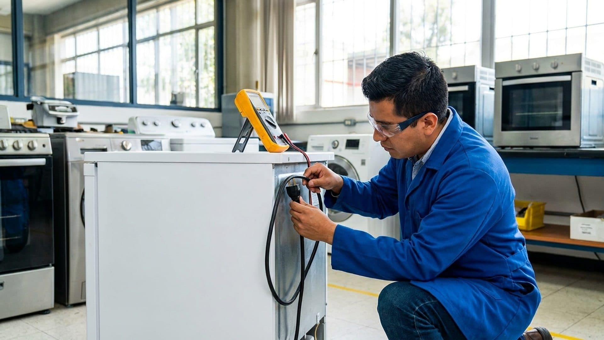 Technician testing the power connection of a refrigerator in an appliance laboratory