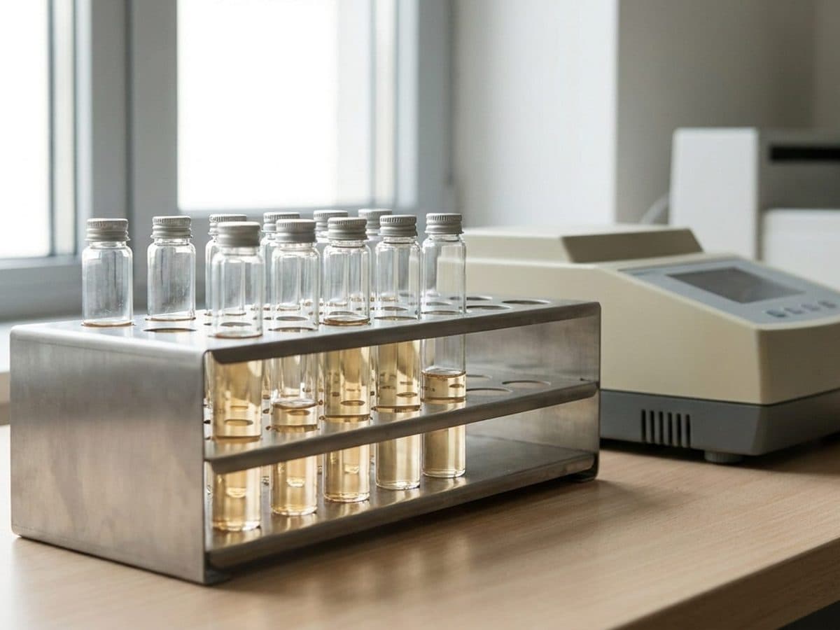 Unlabelled fuel sample vials beside analytical equipment.