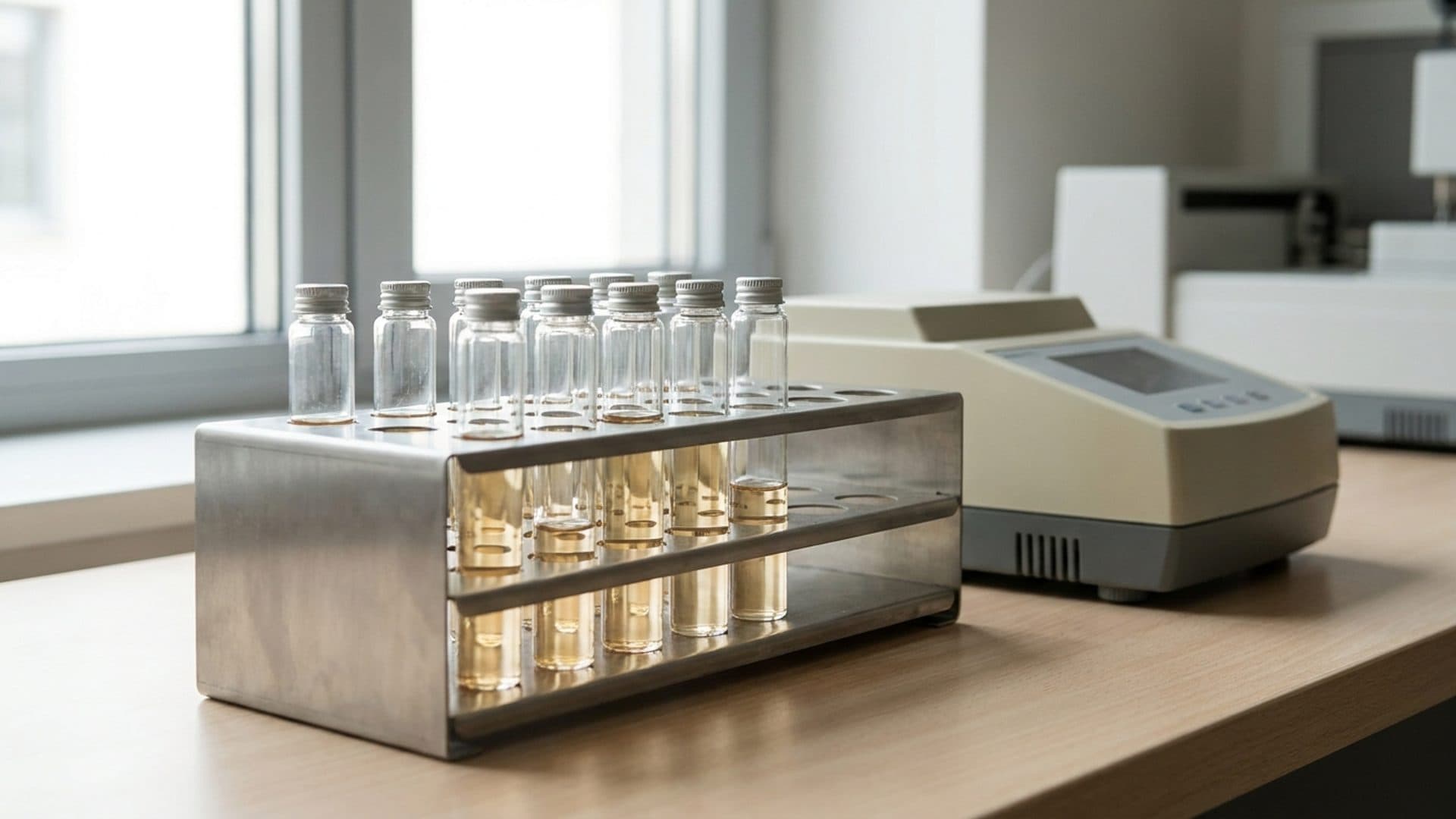 Unlabelled fuel sample vials beside analytical equipment.