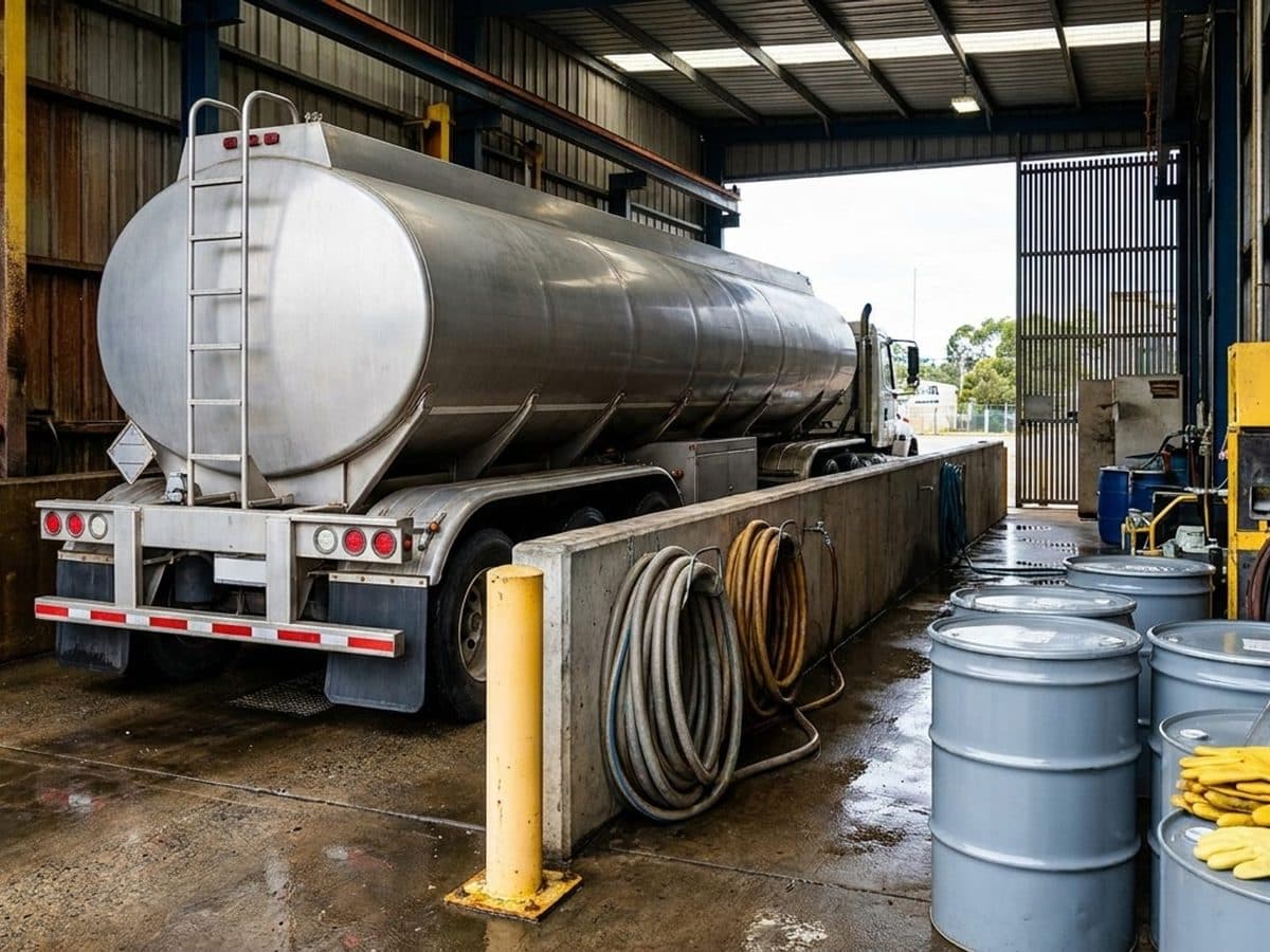 Road tanker entering a contained industrial wash bay
