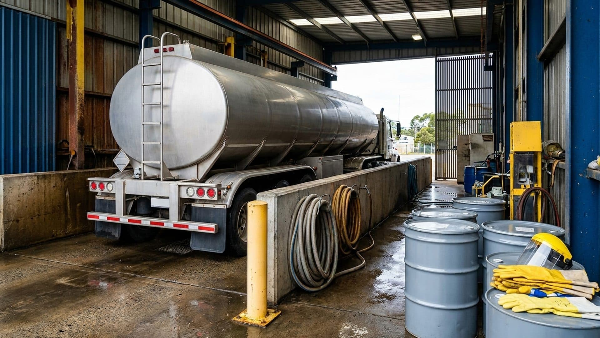 Road tanker entering a contained industrial wash bay