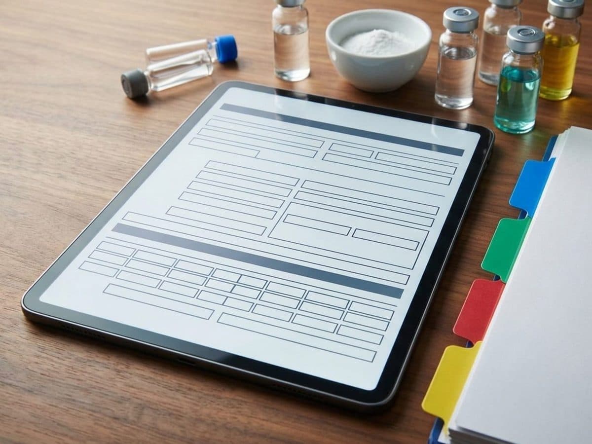 Product samples and formulation records beside a regulatory reporting interface