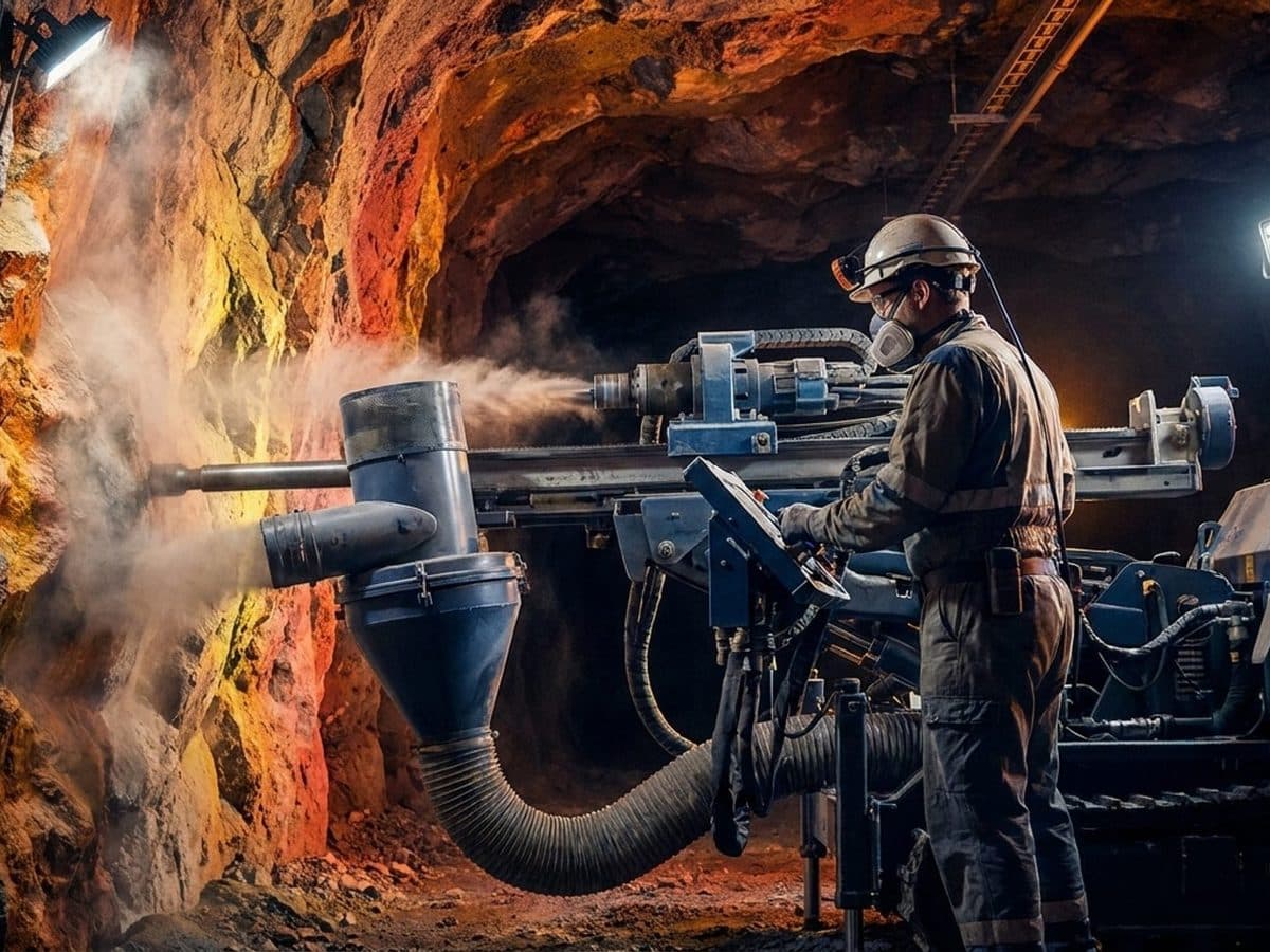 Mine worker near controlled drilling and local dust extraction