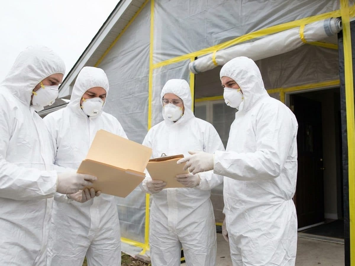 Protected asbestos-removal team reviewing permit folders outside a sealed enclosure