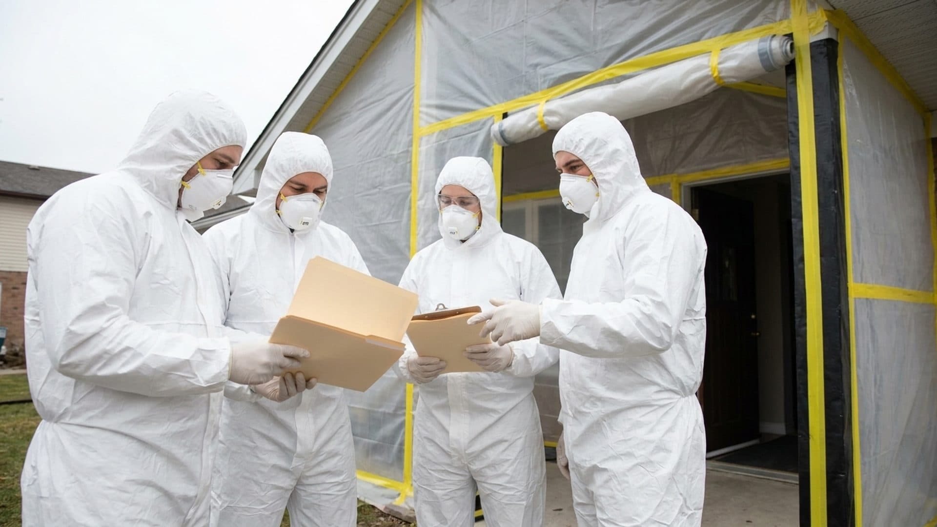Protected asbestos-removal team reviewing permit folders outside a sealed enclosure