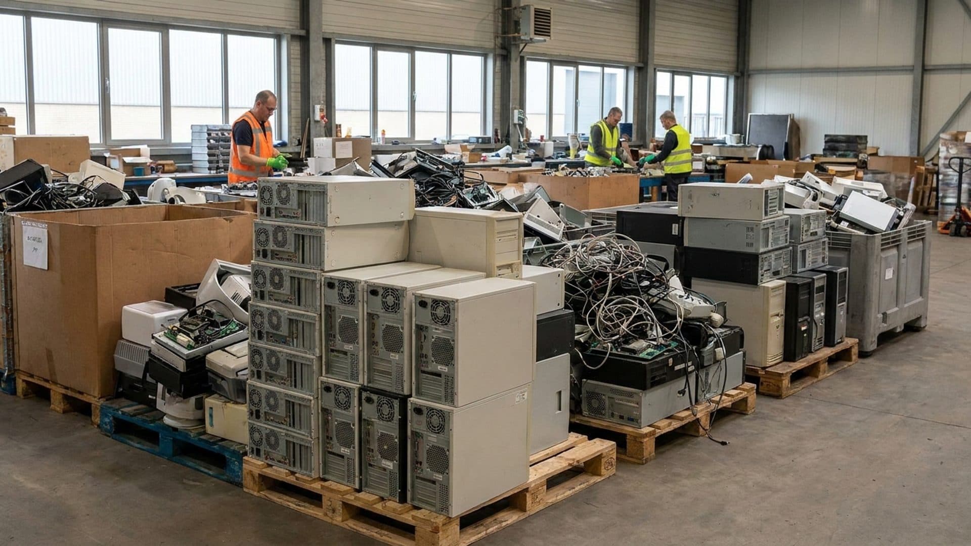 Discarded computer chassis and electrical equipment in a sorting area.