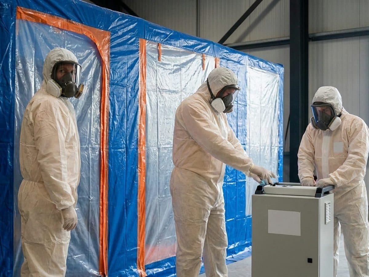 Protected asbestos-removal team beside a controlled sealed enclosure