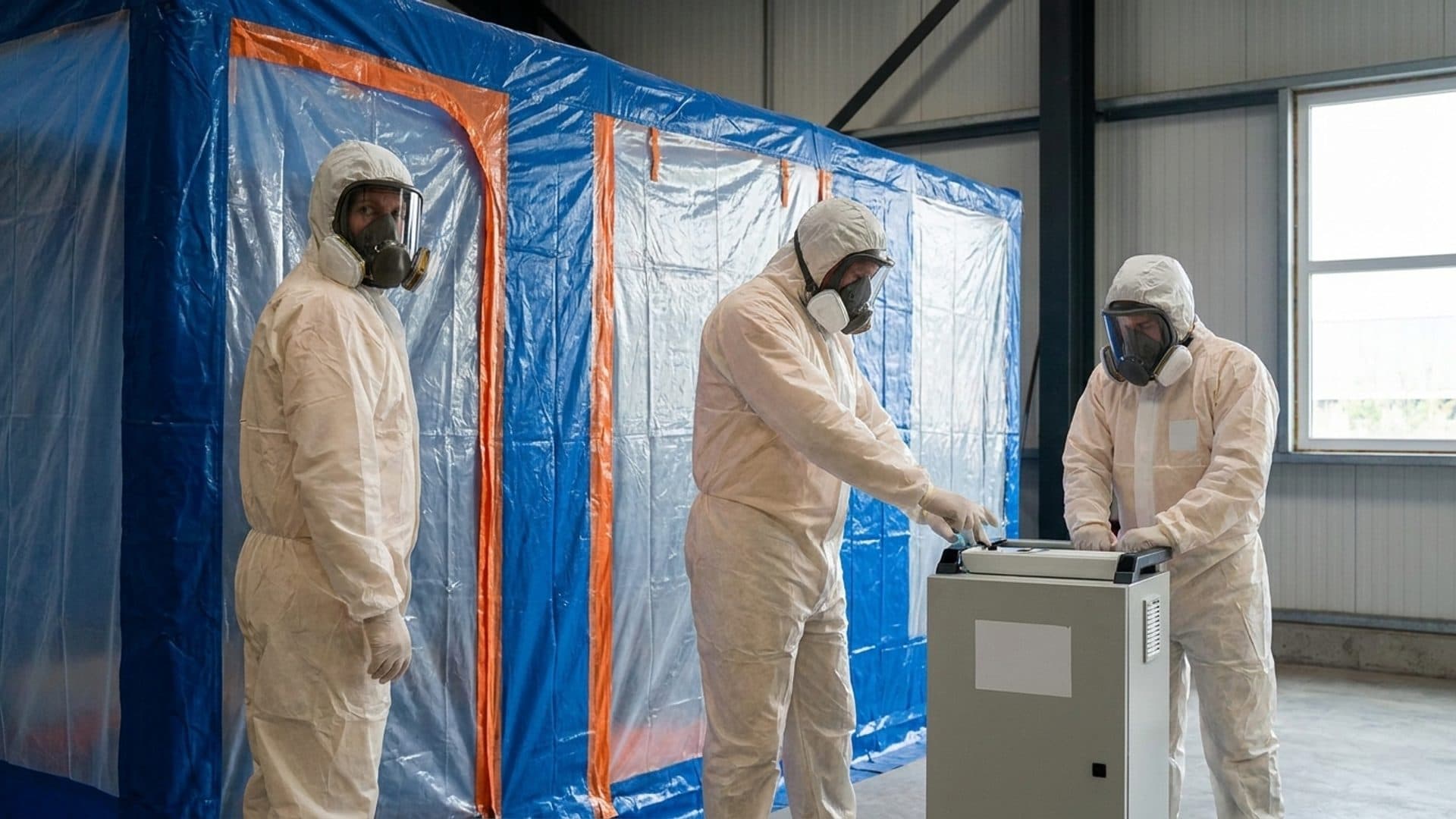 Protected asbestos-removal team beside a controlled sealed enclosure