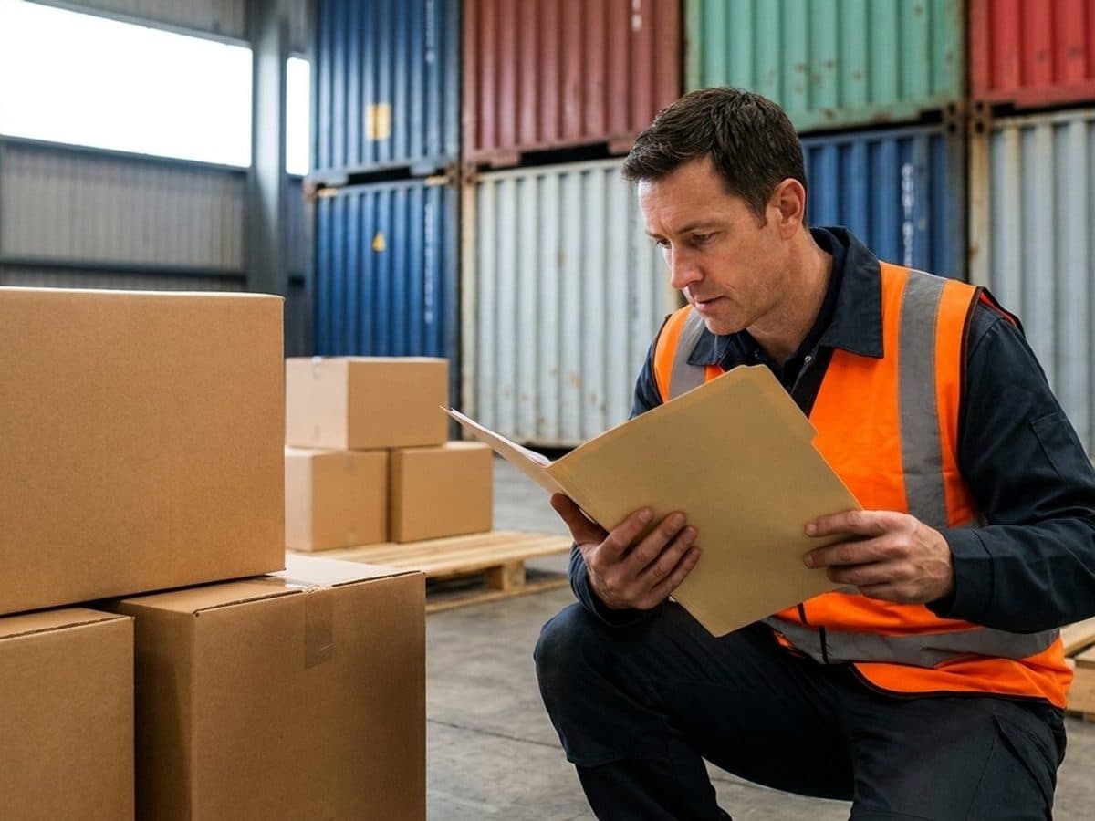 A Dutch environmental inspector examining product documentation in a warehouse, with packaged goods and transport containers visible
