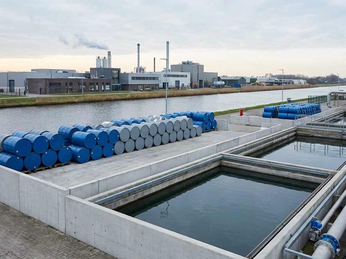 Industrial waste-treatment facility and containment equipment beside a Dutch canal