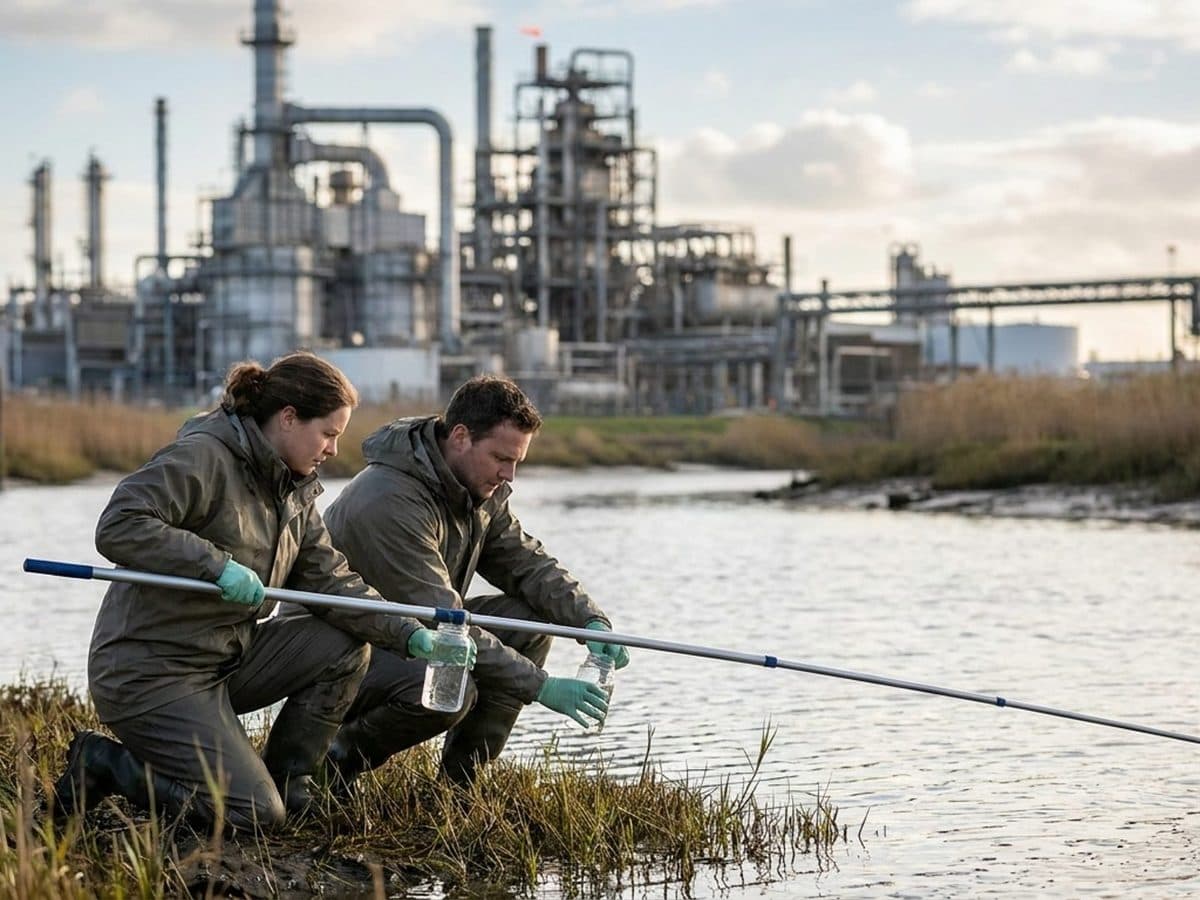 Environmental specialists sampling water beside an industrial site