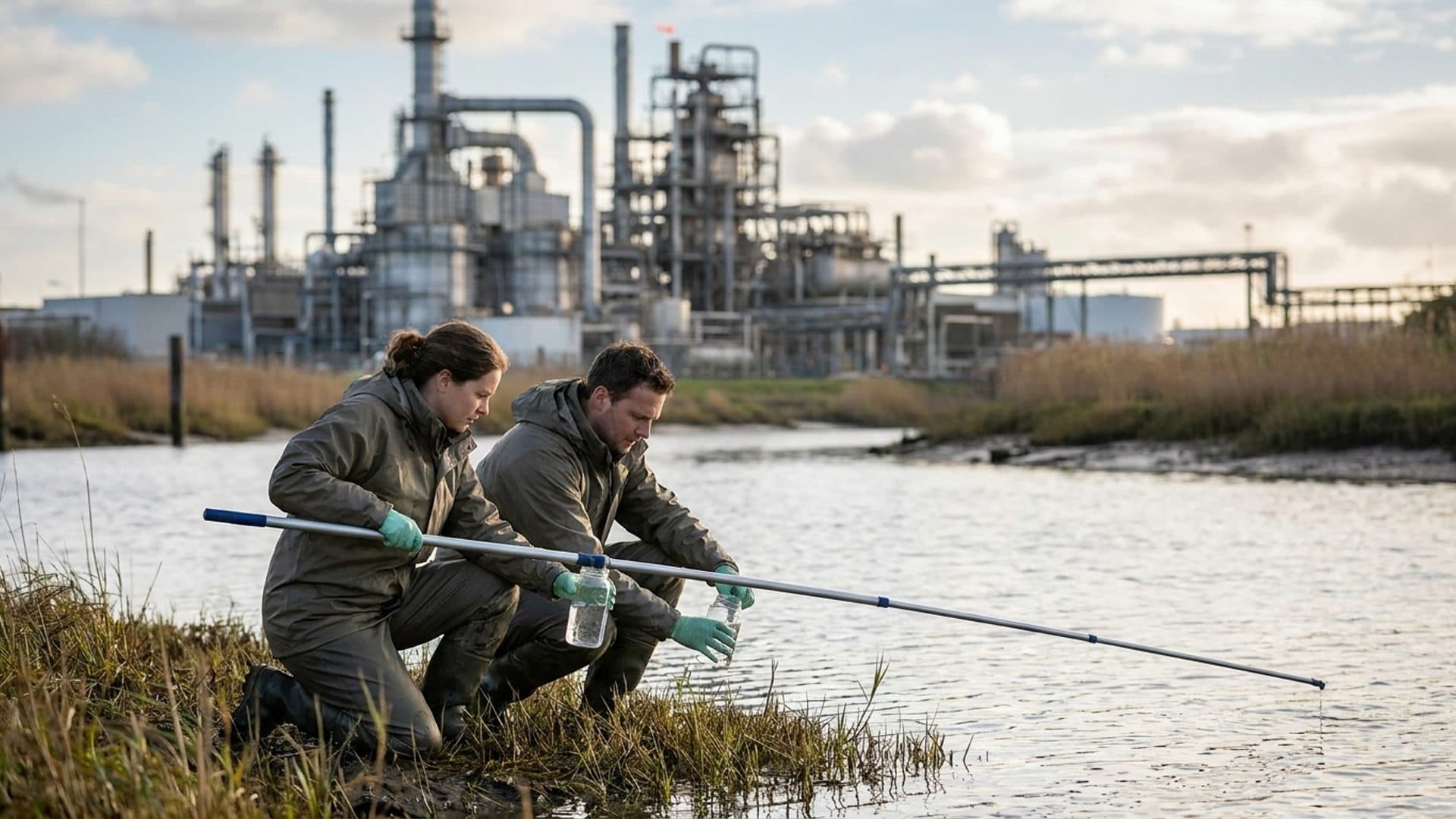 Environmental specialists sampling water beside an industrial site