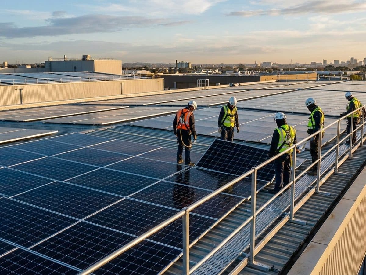 Solar-panel installers using guardrails and secured fall protection on a flat roof