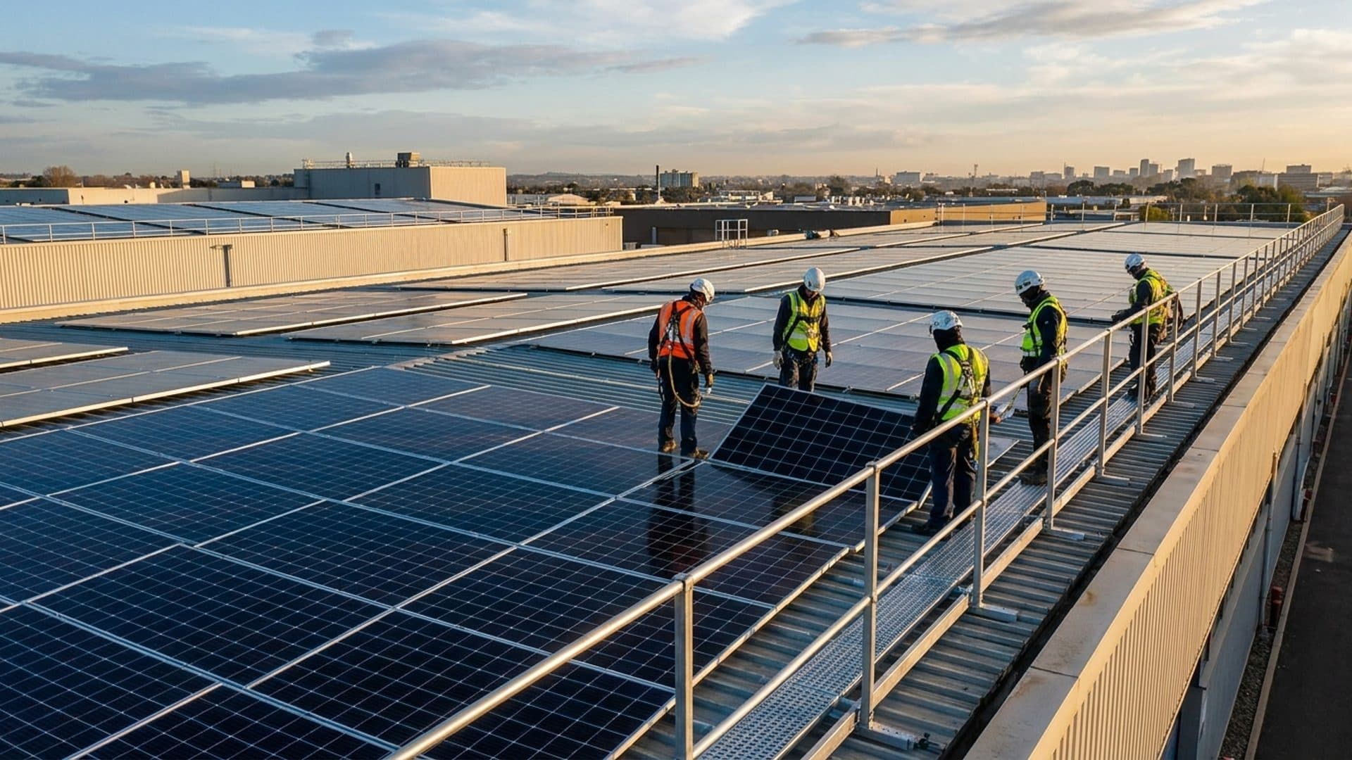 Solar-panel installers using guardrails and secured fall protection on a flat roof