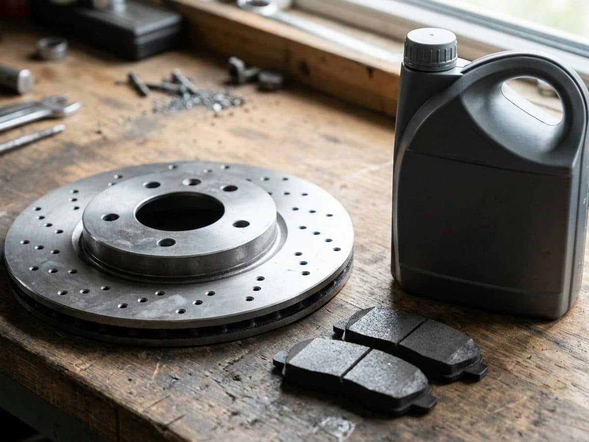 Vehicle brake components and an unmarked motor-oil container