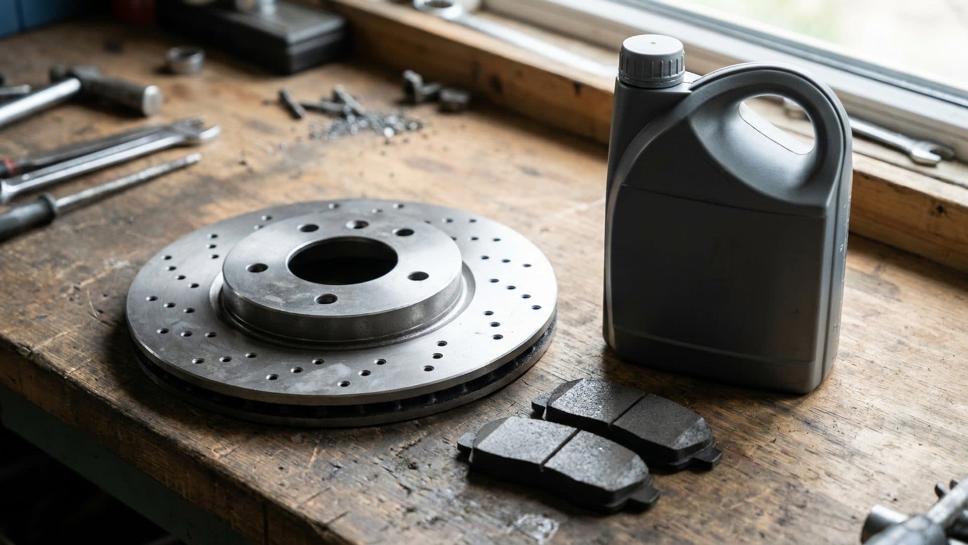 Vehicle brake components and an unmarked motor-oil container