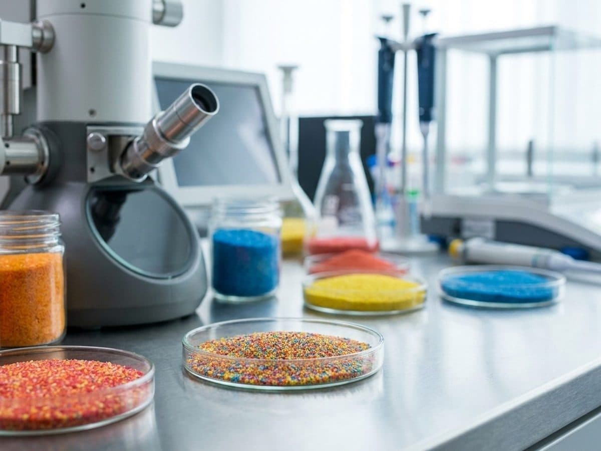 Coloured craft-sand samples beside an electron microscope in a testing laboratory
