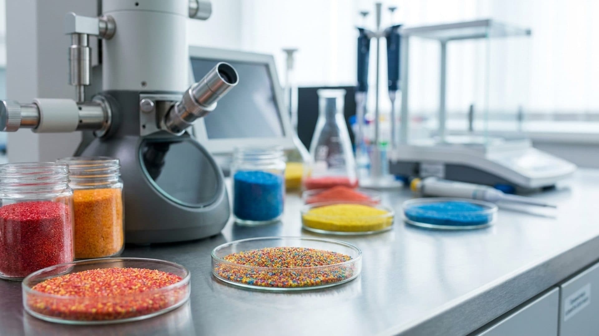 Coloured craft-sand samples beside an electron microscope in a testing laboratory