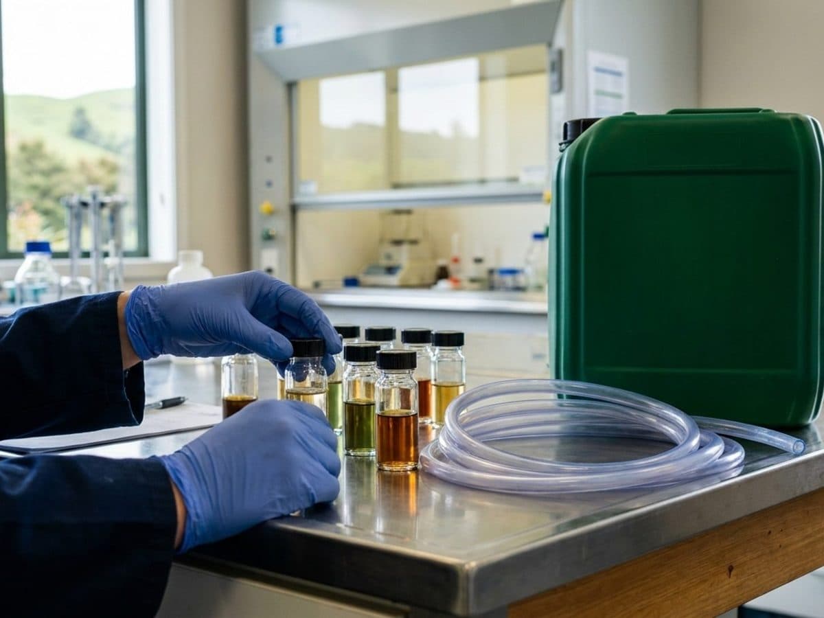 Scientist examining chemical samples beside flexible PVC in an industrial laboratory