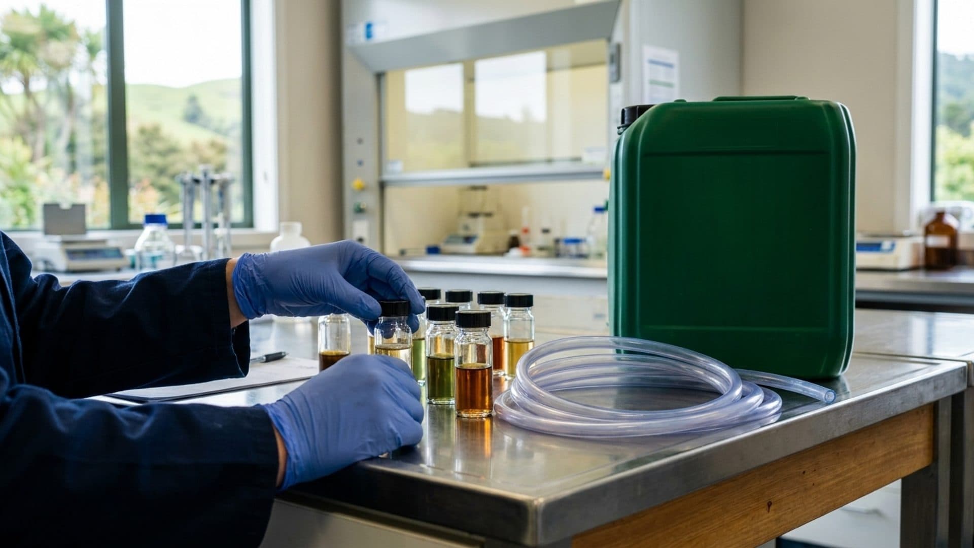 Scientist examining chemical samples beside flexible PVC in an industrial laboratory
