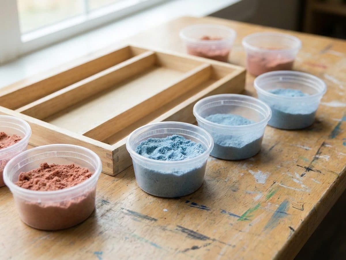 Unbranded craft sand and a wooden tray on an art table
