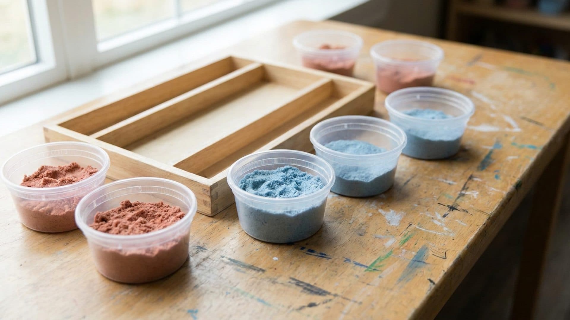 Unbranded craft sand and a wooden tray on an art table