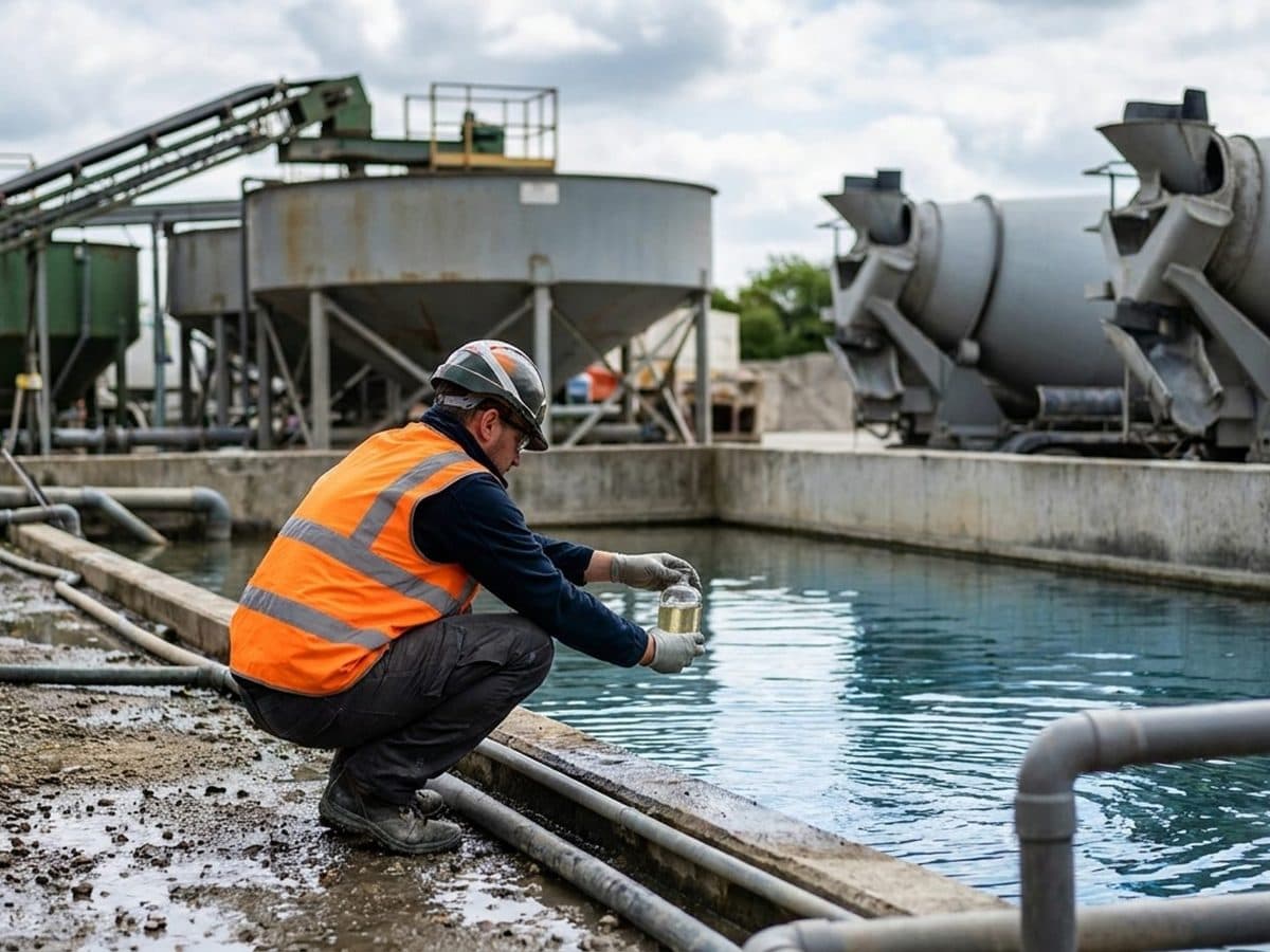 Environmental inspector sampling treated water at a concrete plant