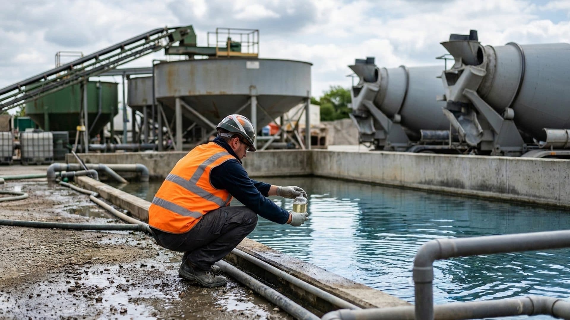 Environmental inspector sampling treated water at a concrete plant